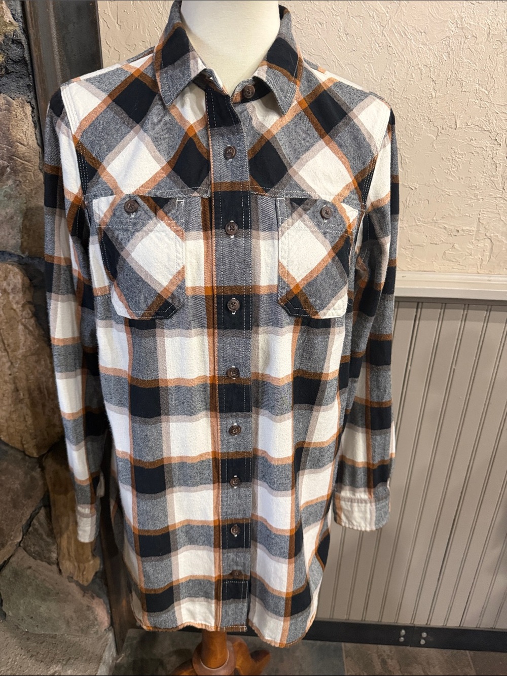 Duluth Trading Co Plaid Button-Down Shirt - White, Black & Brown
